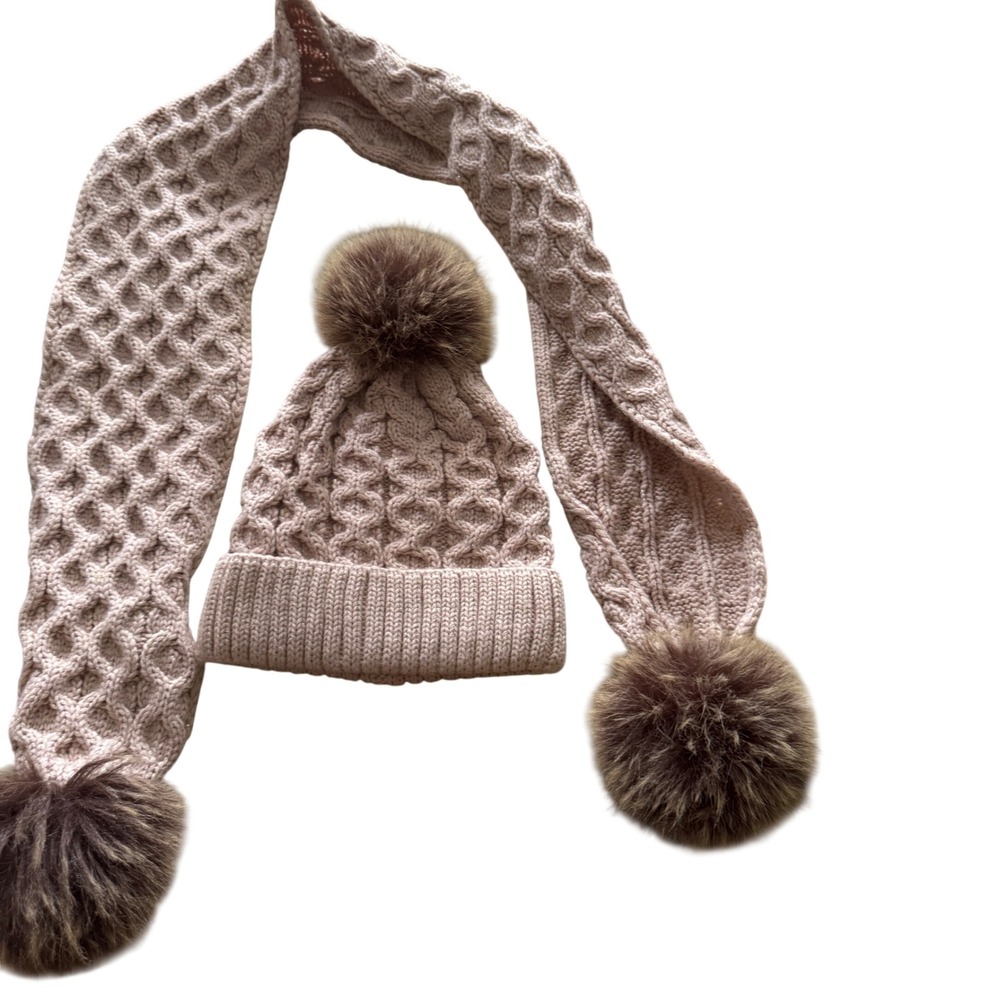 Toby Kids Girls Pink Cable Knit Hat Scarf Set Faux Fur Pom‎ Pom Winter Warm